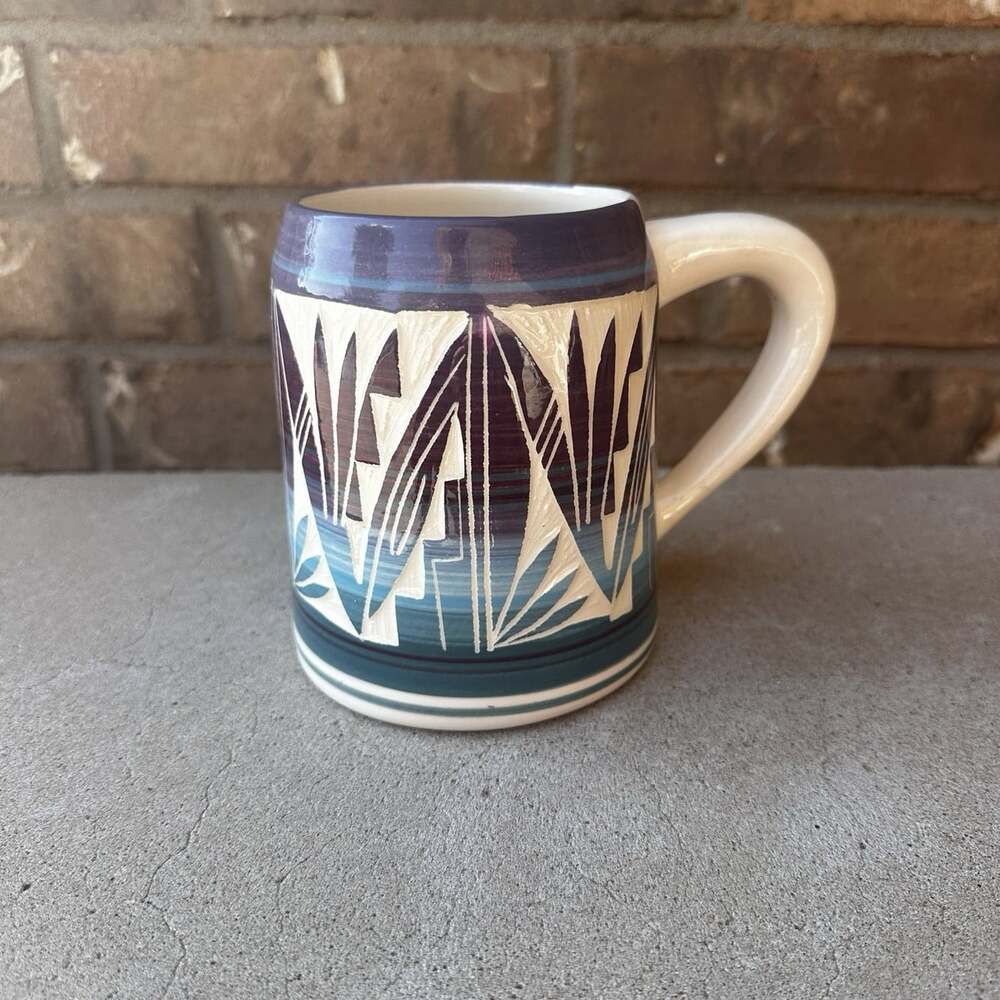 NAVAJO Coffee Mug Signed Southwest American Incised Handcrafted BlueTeal Purple